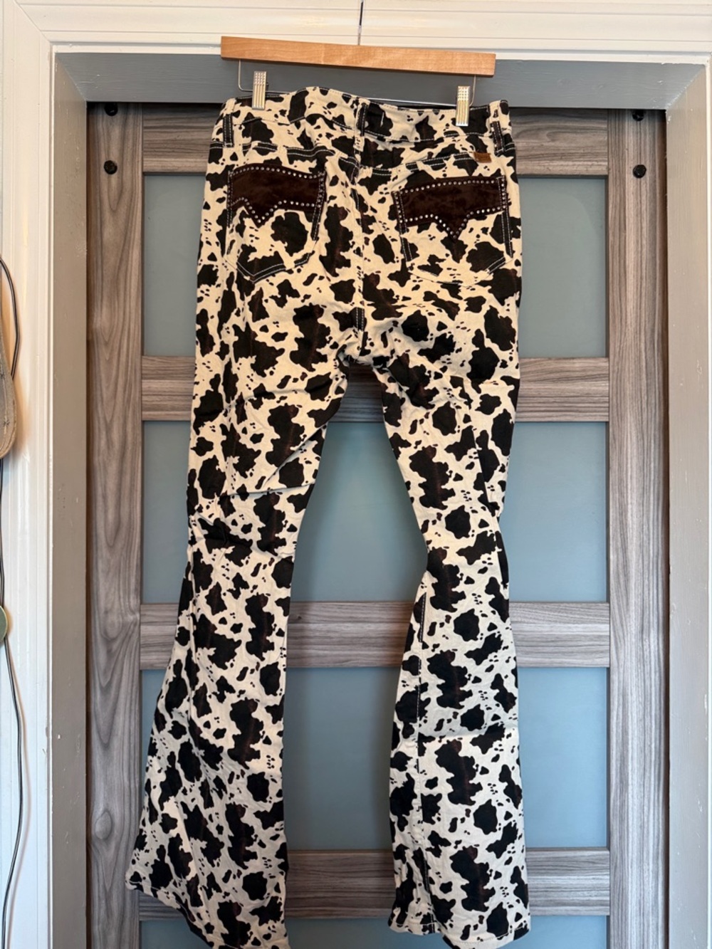 Cow-Print Flared Jeans - Black & Cream - Picture 3 of 6